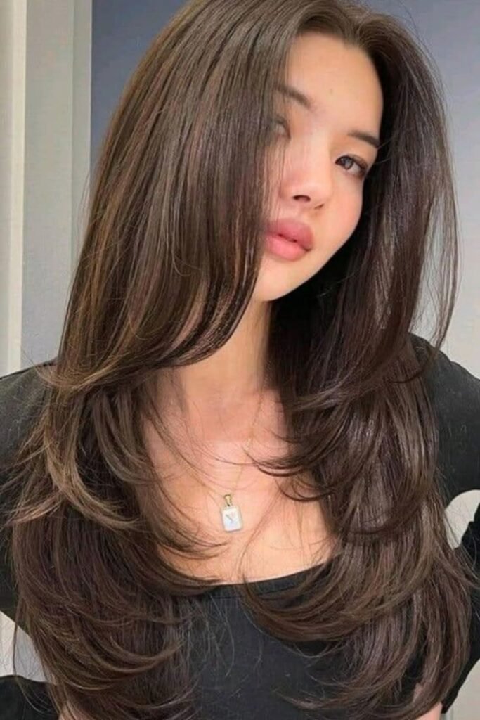10. Soft Chestnut Straight Butterfly Cut
