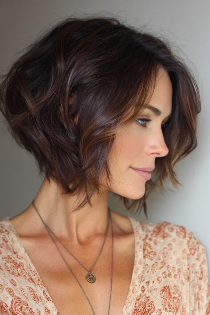 12. Espresso Brown Wavy Inverted Bob with Caramel Highlights