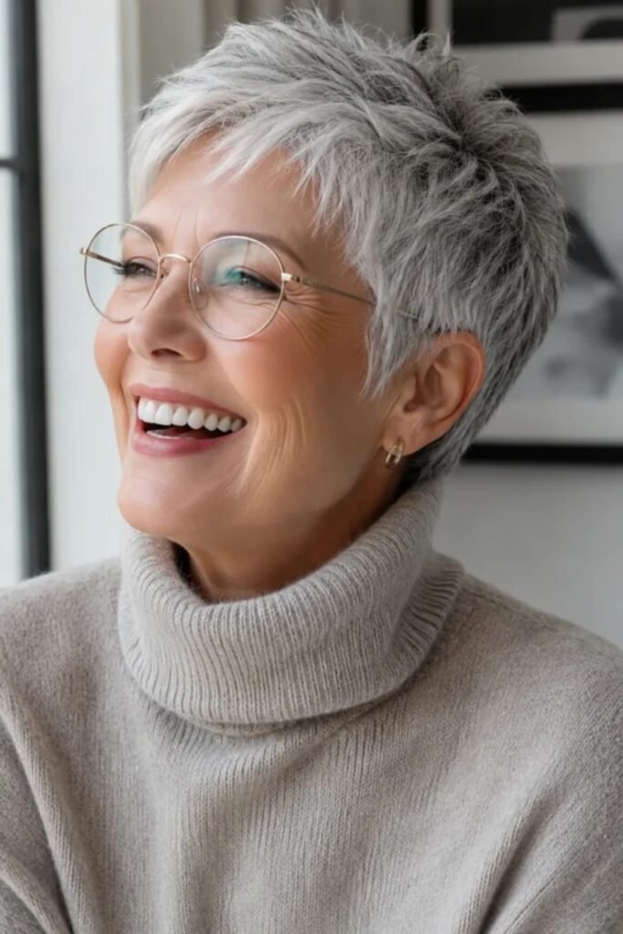 1. Silver Spiky Pixie With Round Glasses