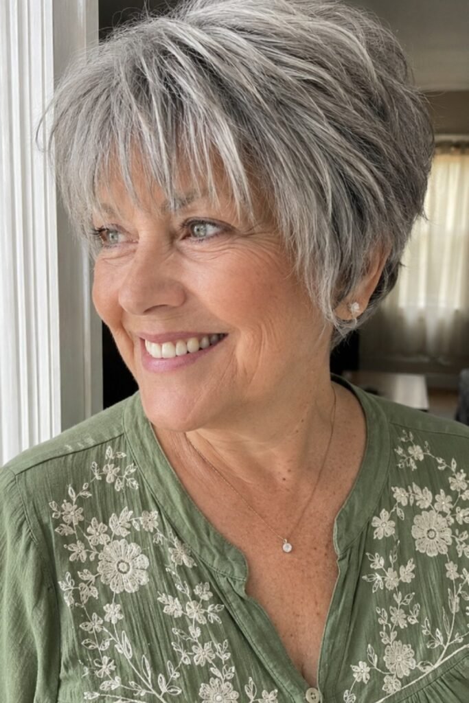 4. Salt-and-Pepper Layered Pixie With Long Choppy Bangs