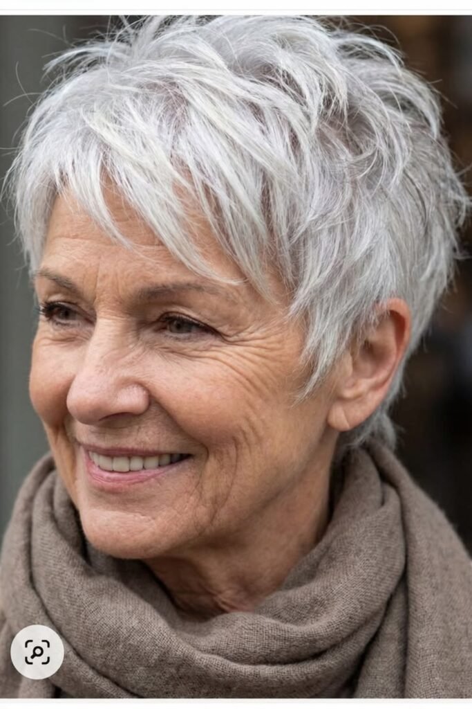 6. Feathery Silver Pixie With Wispy Bangs