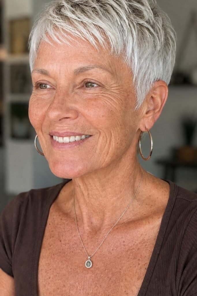 7. Ultra-Short Silver Crop With Side-Swept Bangs
