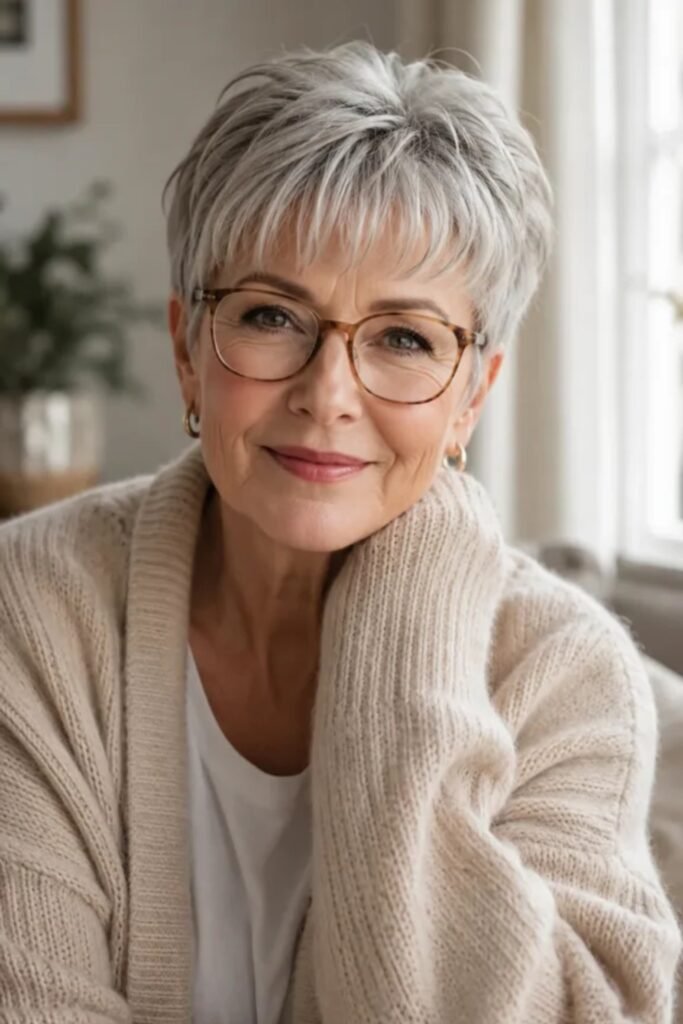 8. Soft Gray Pixie With Feathered Bangs