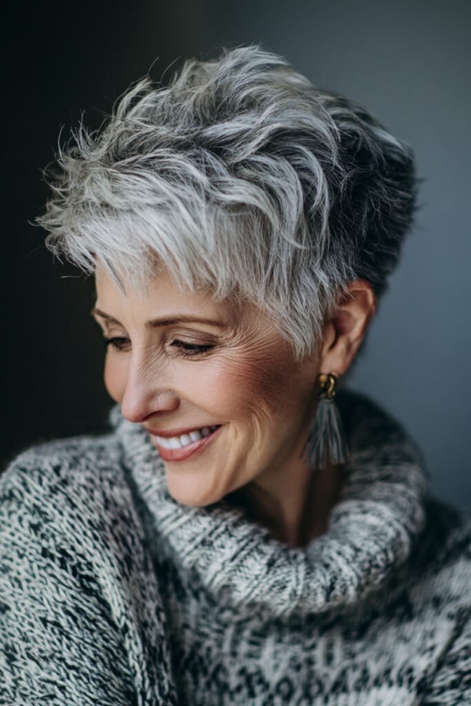 9. Salt-and-Pepper Wavy Pixie With Dark Nape