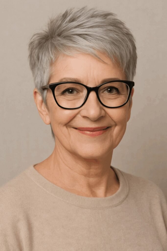 11. Soft Gray Swept-Up Pixie With Bold Frames