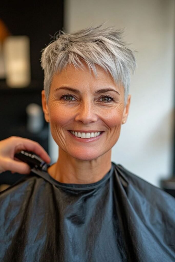 20. Silver Sleek Textured Pixie With Soft Fringe