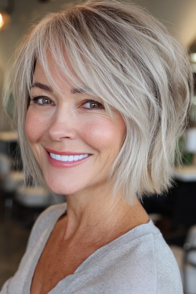 5. Ash Blonde Shaggy Bob with Side-Swept Bangs