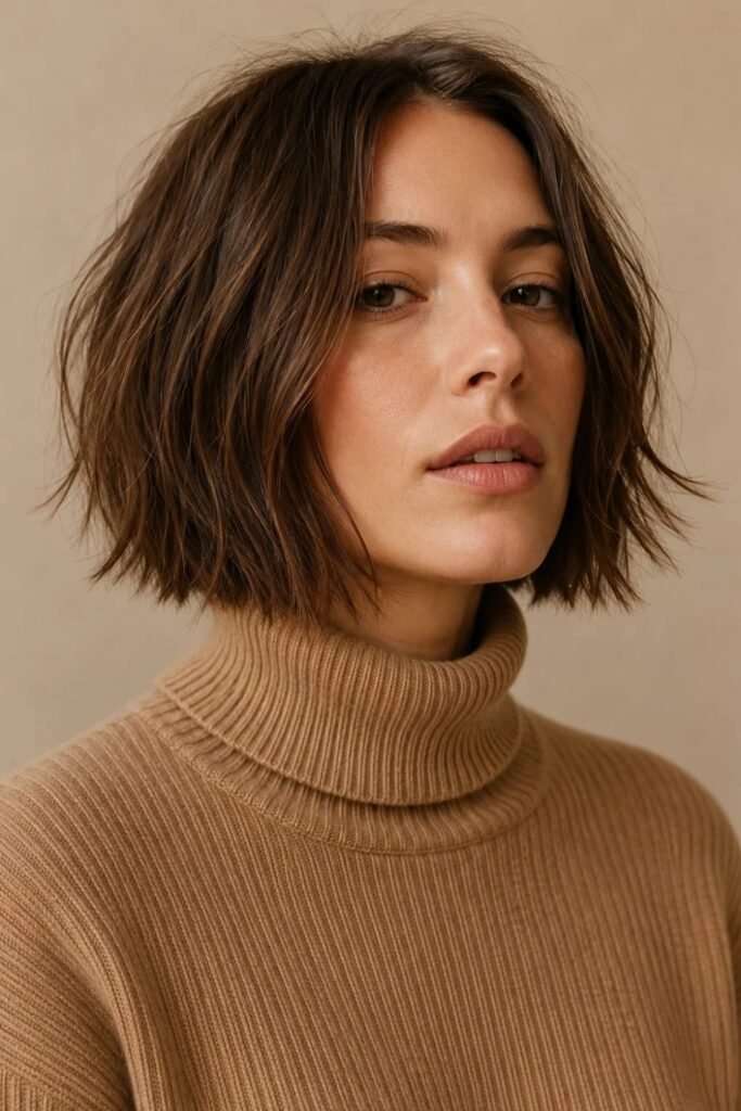 9. Messy Chocolate Bob with Choppy Ends