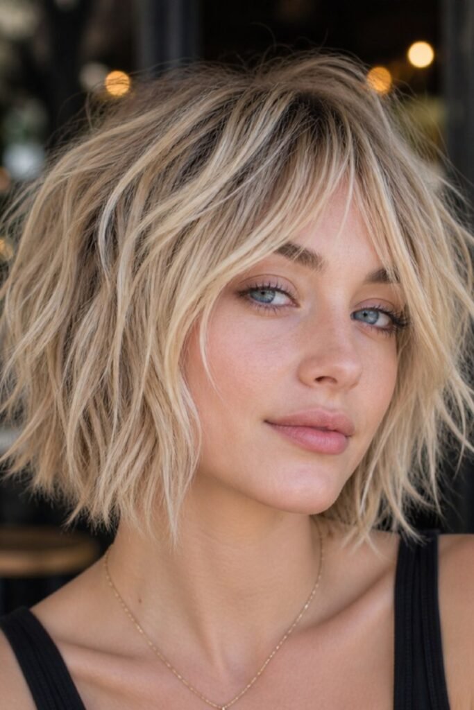 13. Beachy Blonde Shag Bob with Shadow Roots