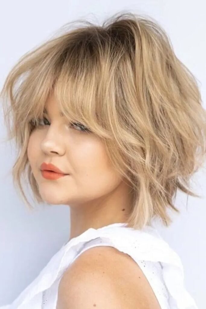 15. Honey Blonde Feathered Bob with Full Bangs