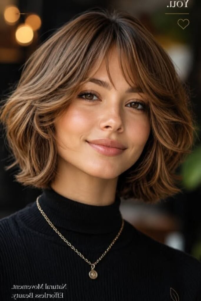 7. Curtain Bang Cinch Bob with Caramel Highlights