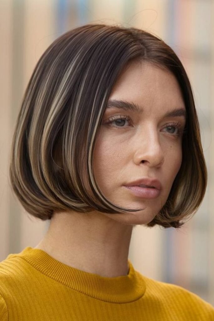 11. Chocolate Brown Cinch Bob with Face-Framing Highlights