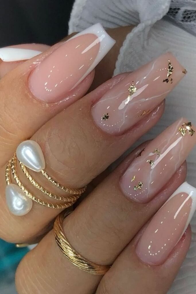 5. Nude Coffin Nails with White Tips and Gold Foil
