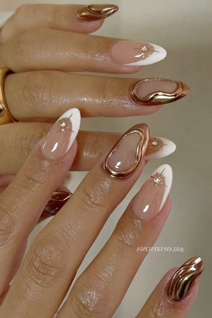 13. Liquid Gold Chrome with Star French Tips