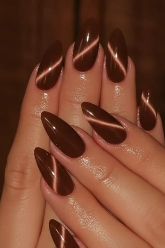 2. Copper Cat-Eye Chocolate Stiletto Nails