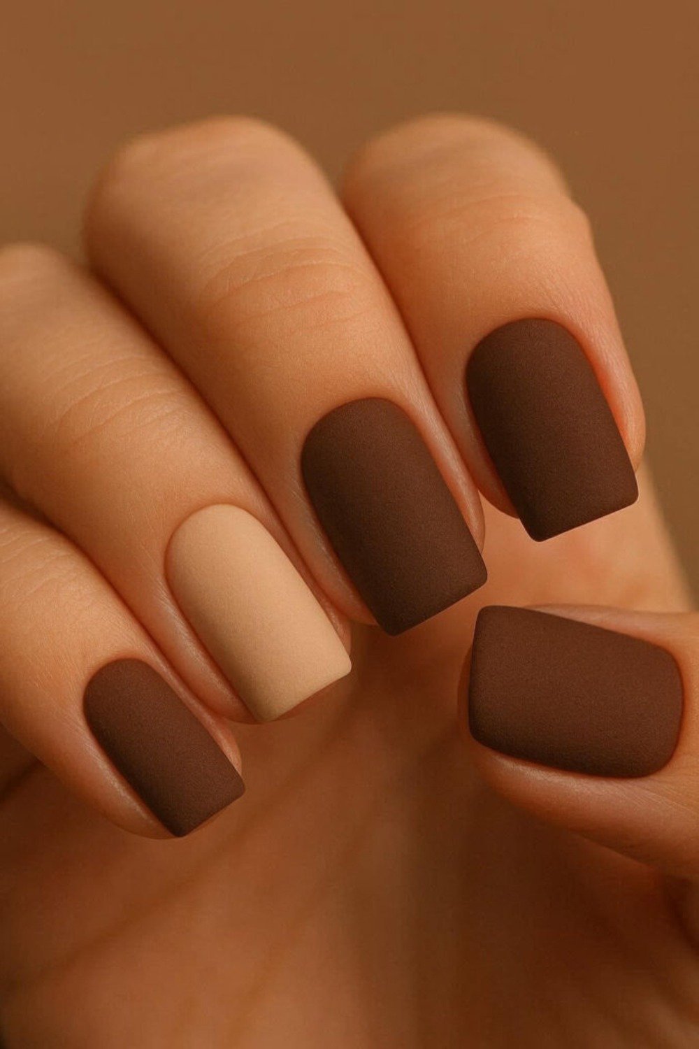 4. Matte Cocoa Nails with a Latte Beige Accent