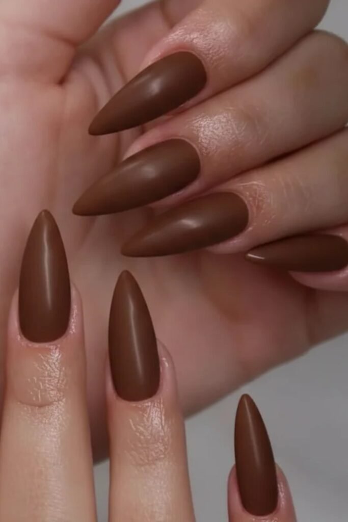 6. Satin Caramel Cocoa Stiletto Nails
