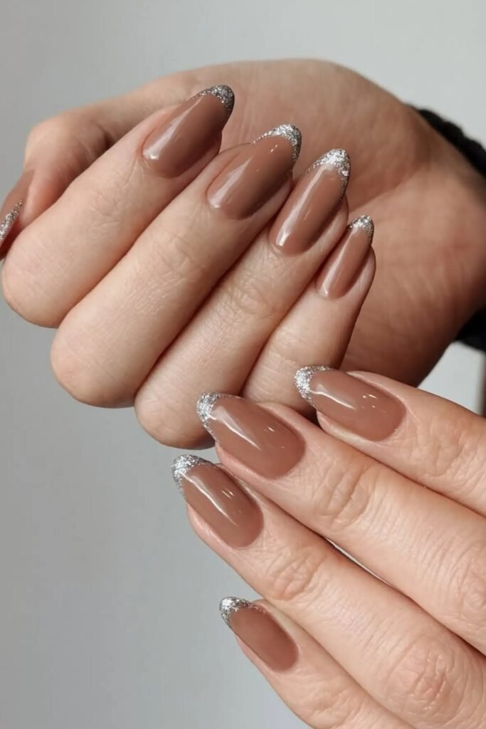 7. Taupe Mocha Nails with Silver Glitter French Tips
