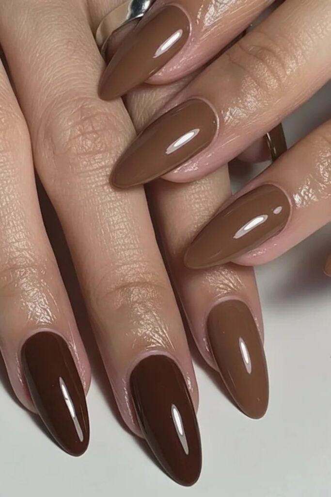 9. Two-Tone Espresso and Milk Chocolate Almond Nails