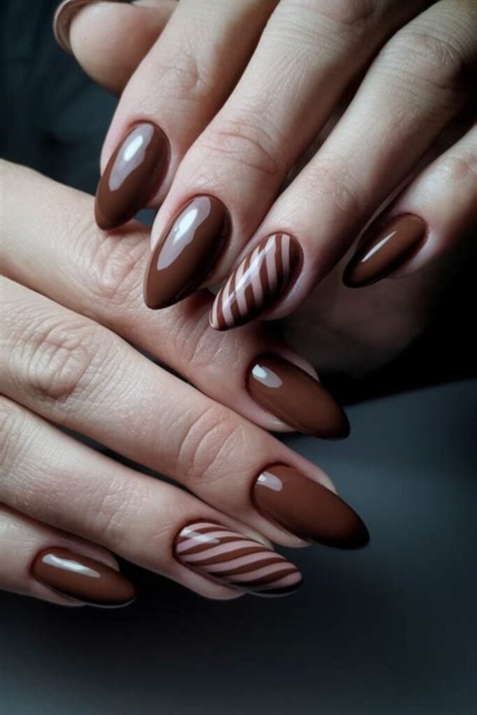 19. Brown Candy Stripe Accent Nails