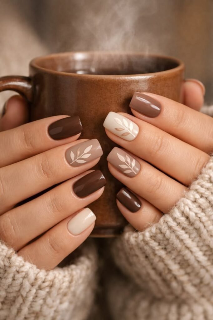 5. Mocha and Cream Nails with Leaf Branches