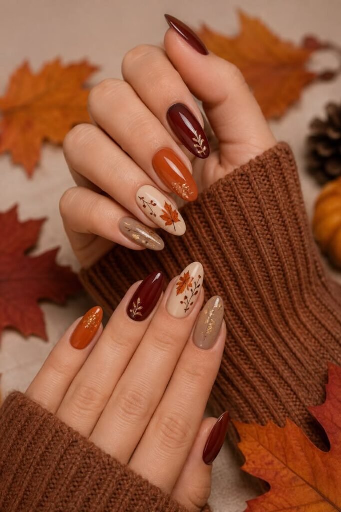 6. Burgundy and Rust Nails with Gold Leaf Foil