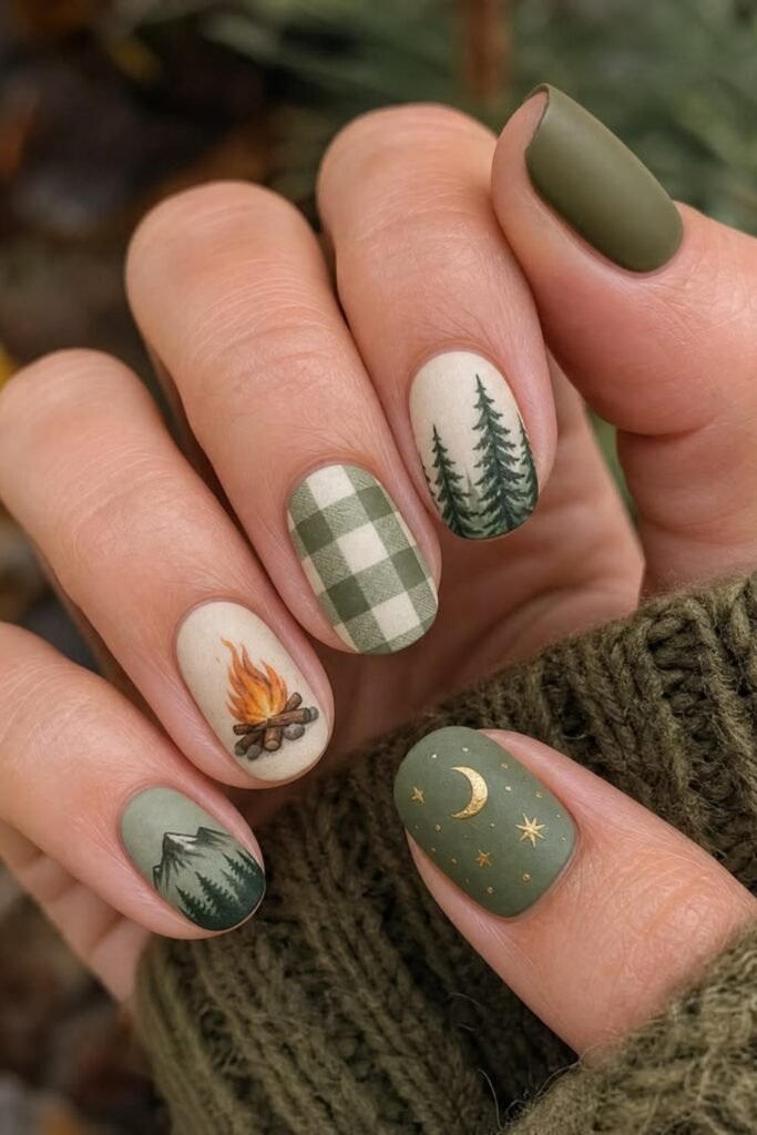 7. Forest Campfire and Pine Tree Nails