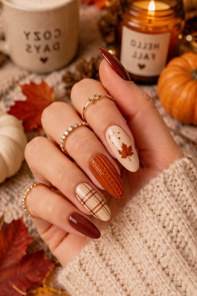 8. Cable Knit Sweater and Maple Leaf Nails