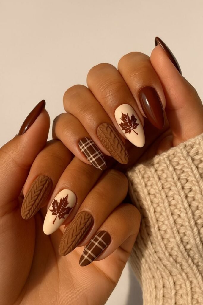 9. Brown Cable Knit and Plaid Matte Nails