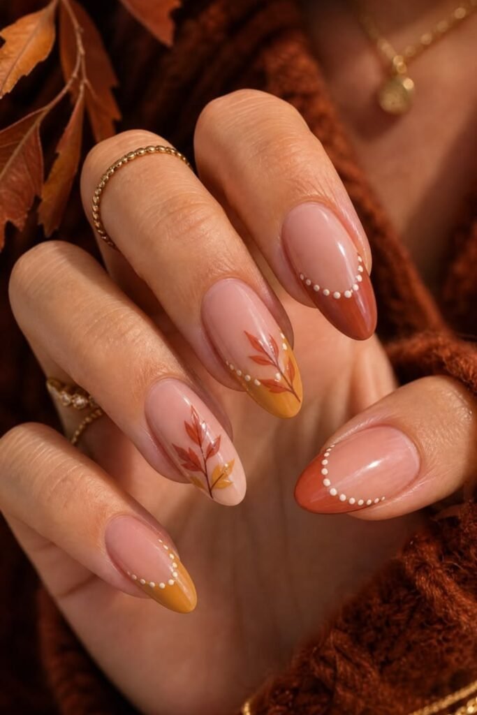 10. Terracotta and Mustard Dotted French Tips