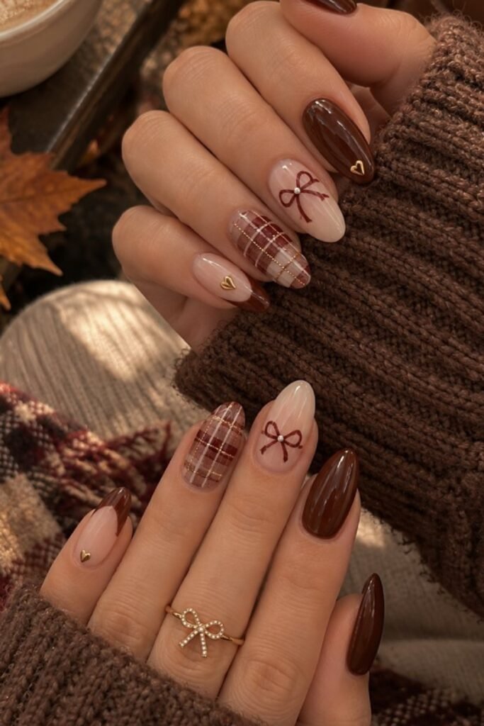14. Chocolate Plaid and Bow Nails with Gold Hearts
