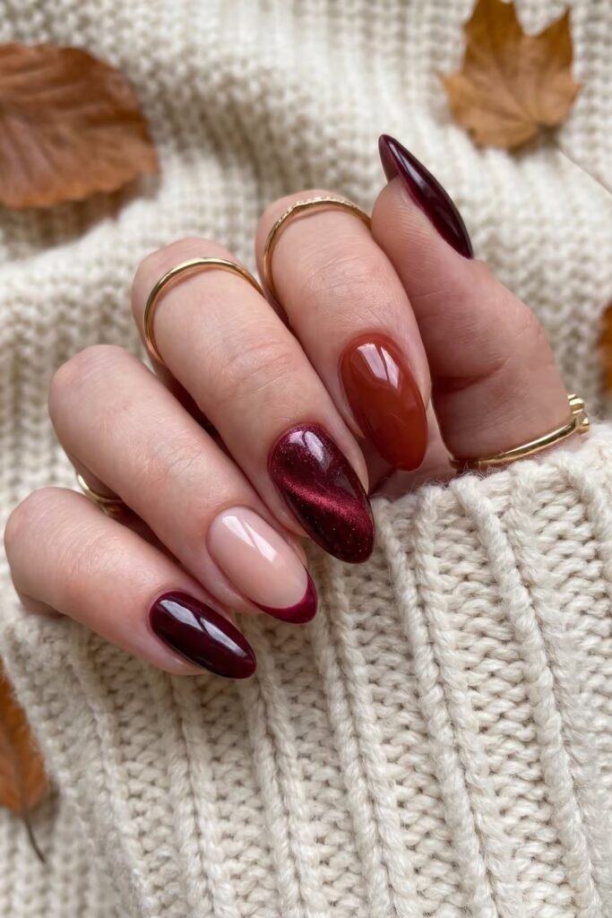 15. Wine Cat-Eye and Caramel Jelly Nails
