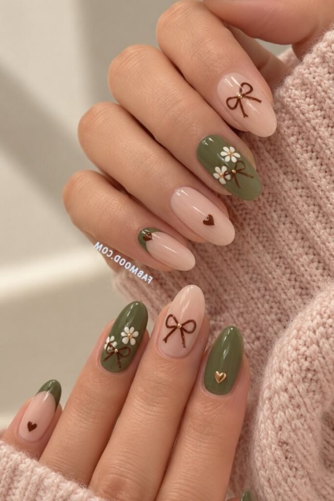 16. Olive Green Bow and Daisy Nails