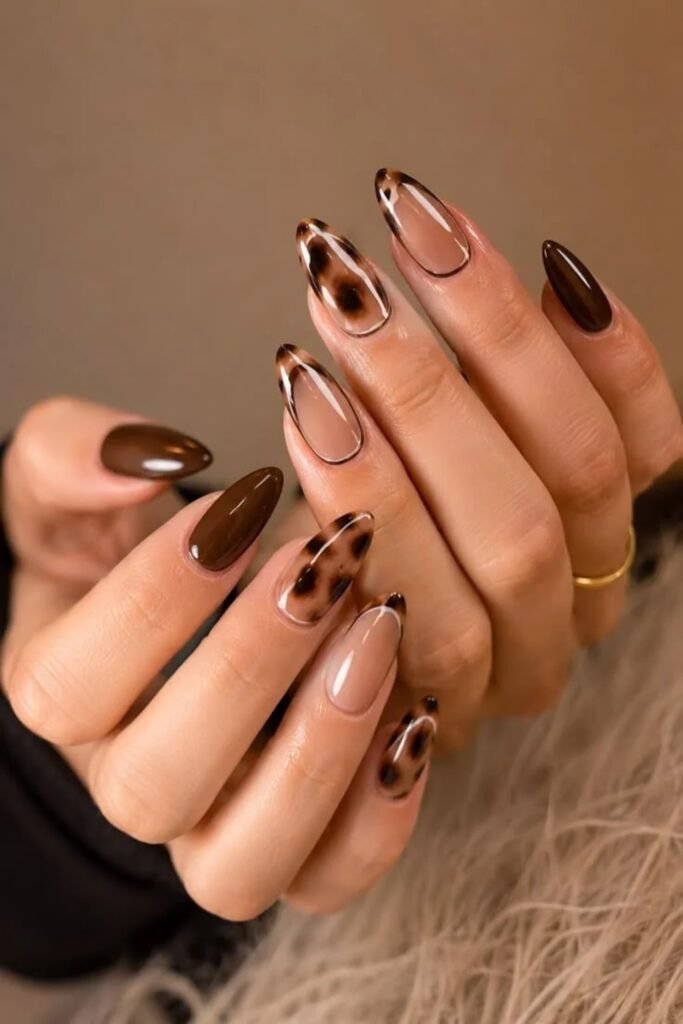 17. Tortoiseshell and Chocolate French Nails