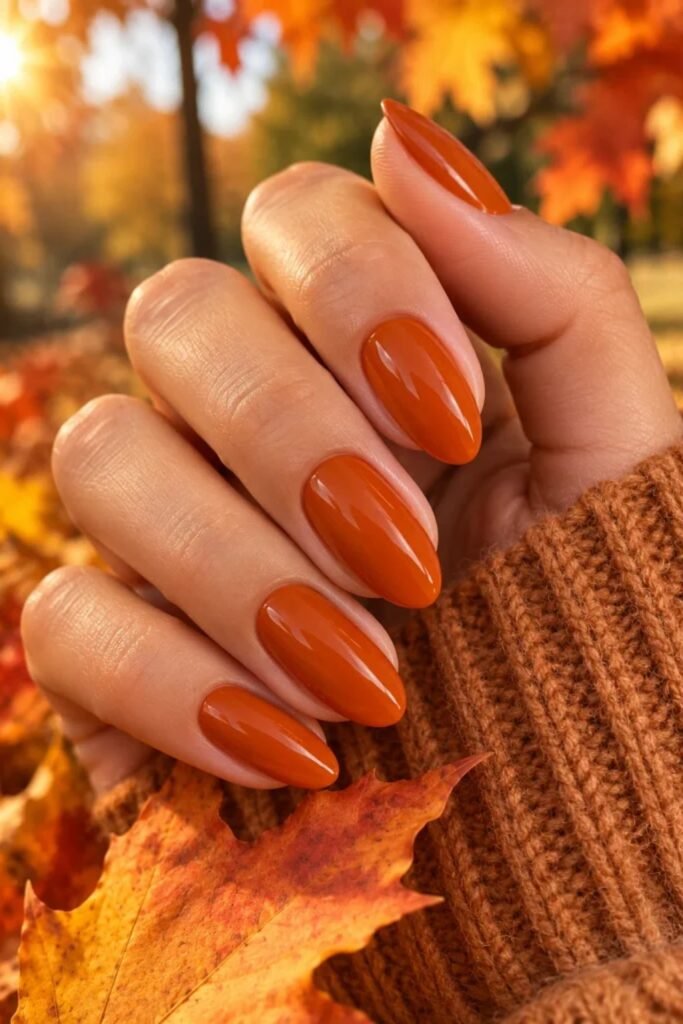 18. Glossy Burnt Orange Pumpkin Nails