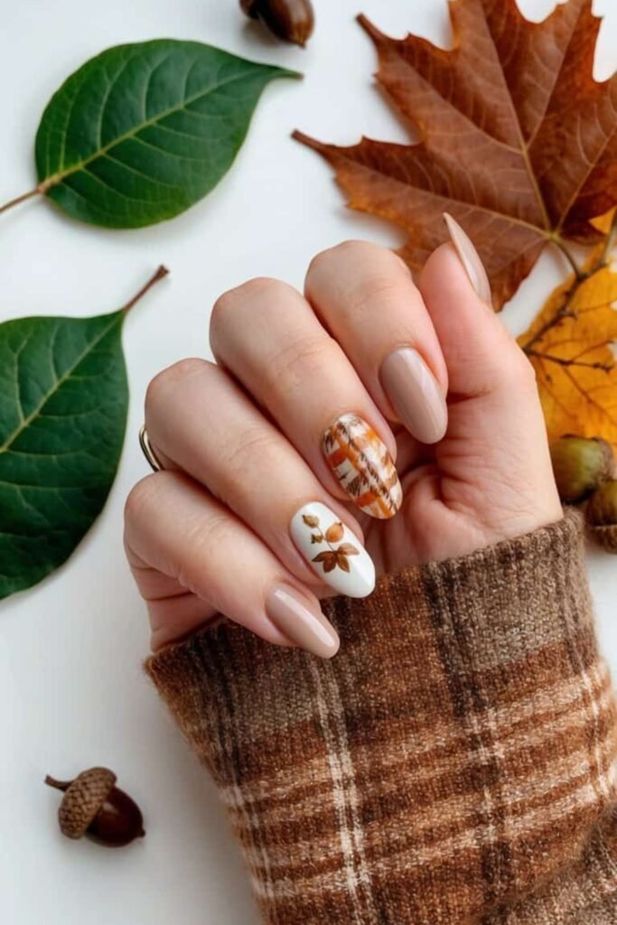 19. Greige Nails with Acorn and Plaid Accents