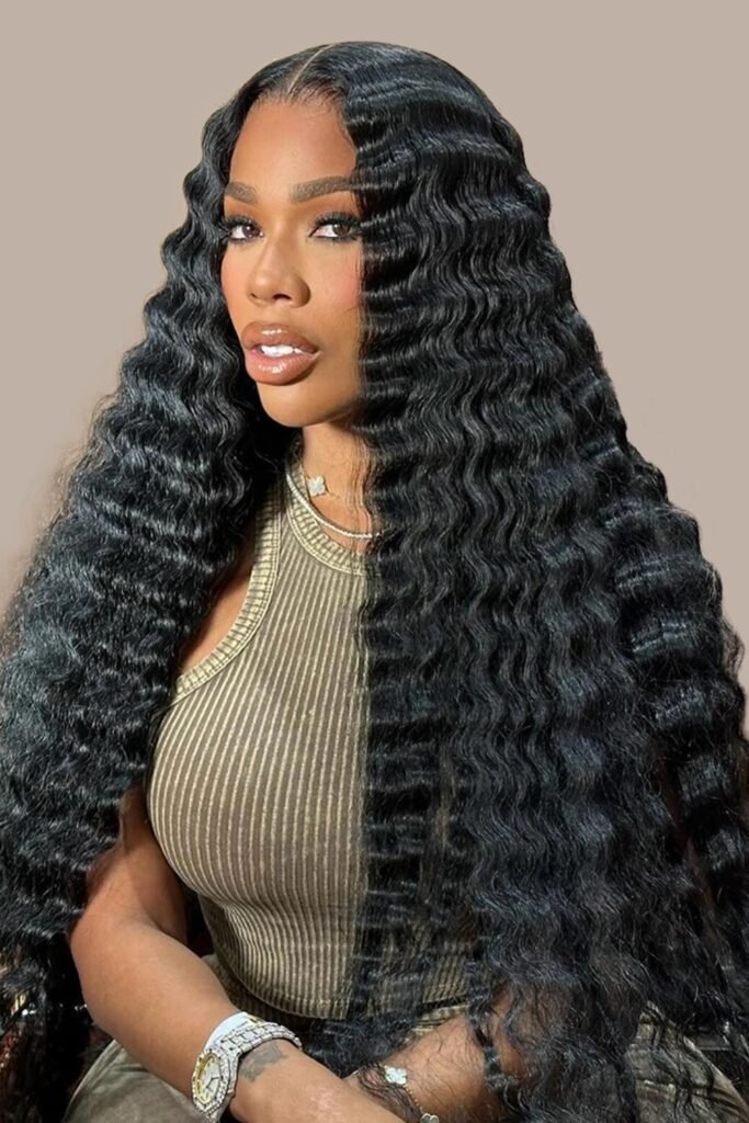 2. Long Black Deep Wave Crimps with Center Part