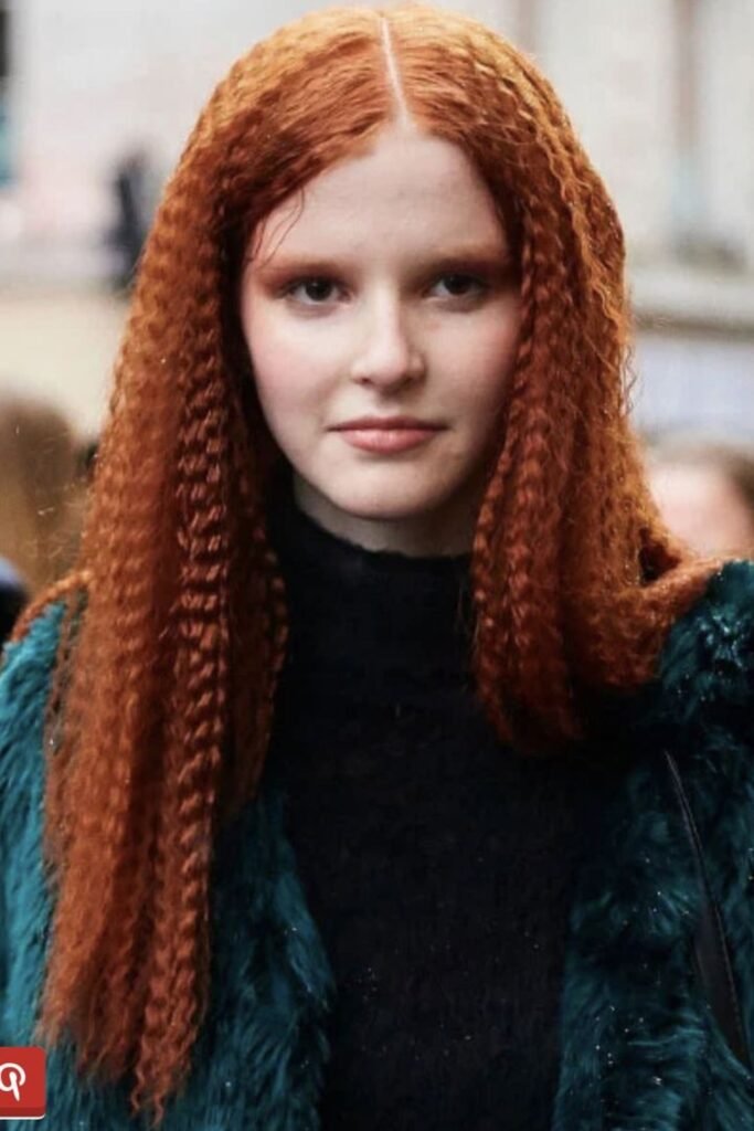 12. Copper Red Crimped Hair with Center Part