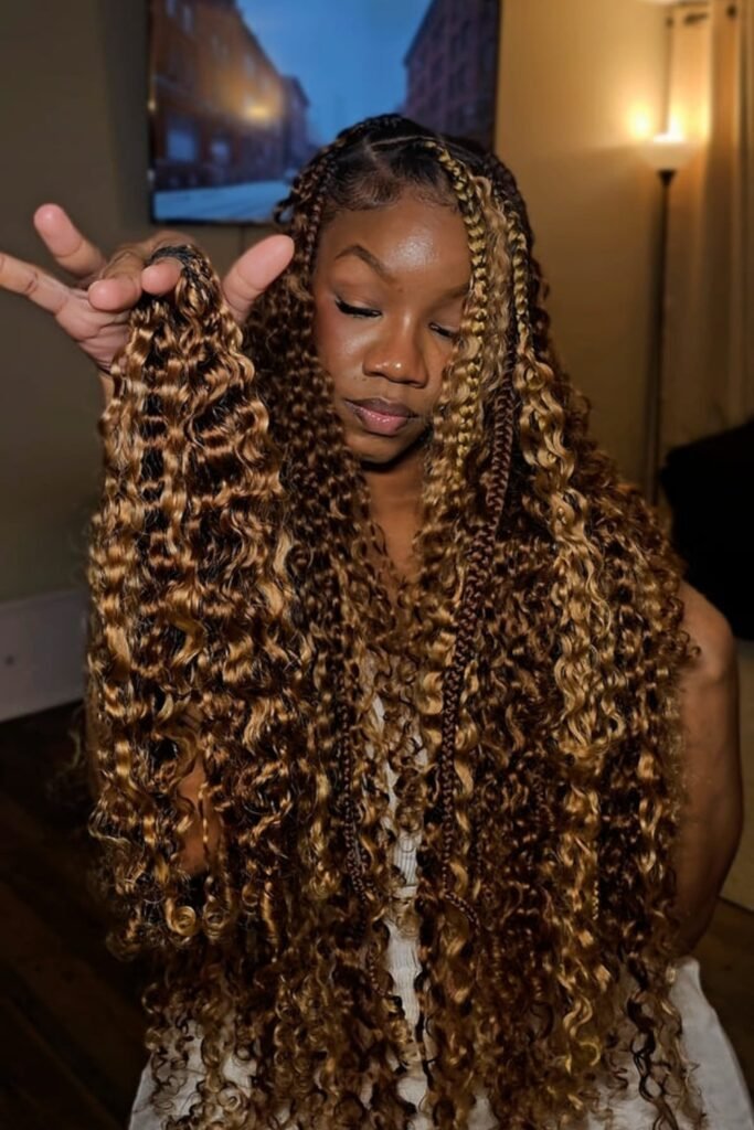 1. Honey-Highlighted Boho Braids with Deep Wave Curls