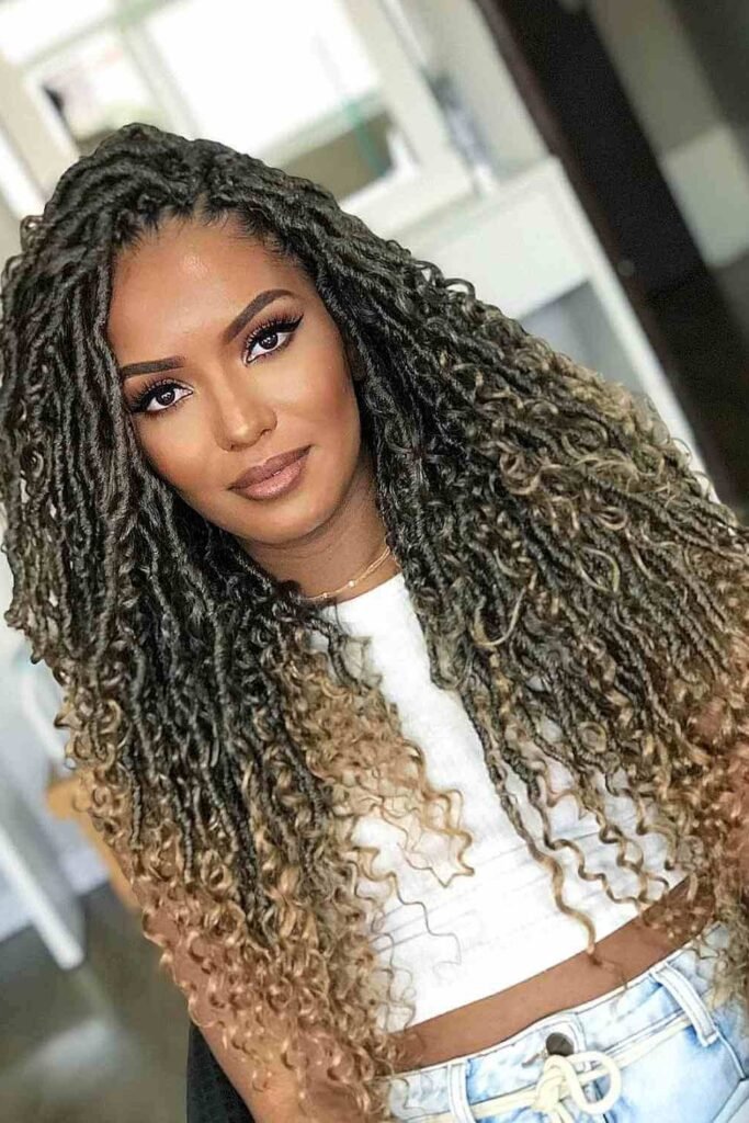 3. Ombre Goddess Faux Locs with Curly Ends