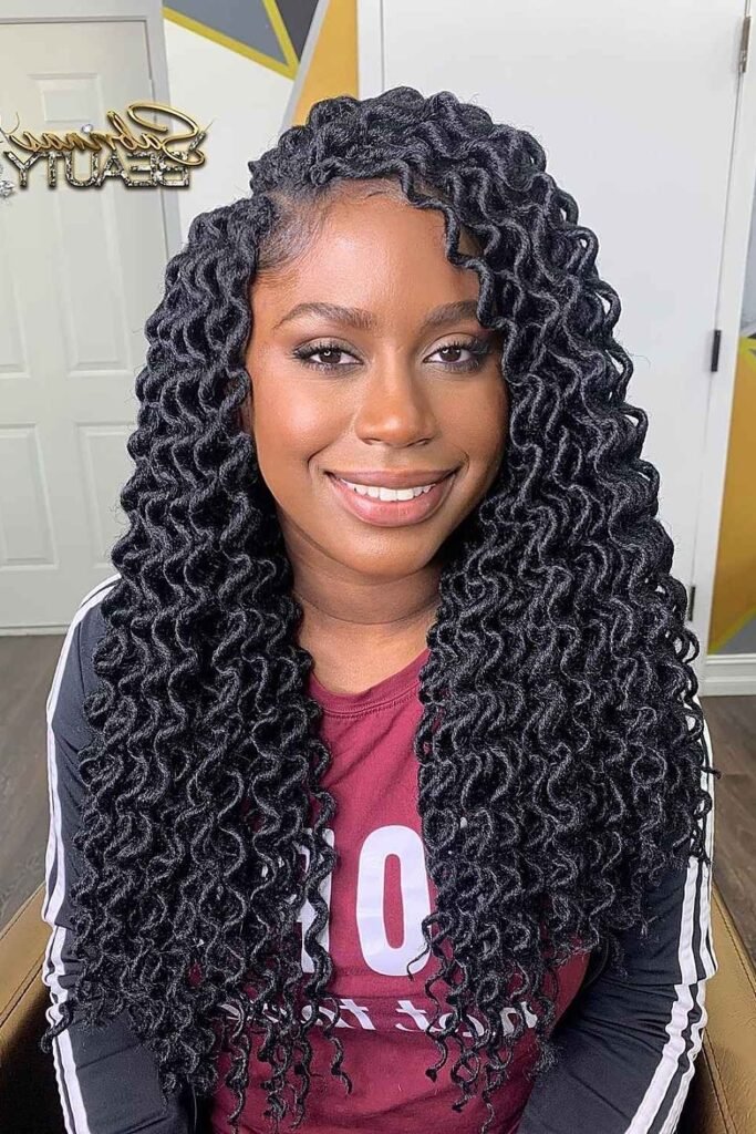 7. Curly Faux Locs with a Deep Side Part