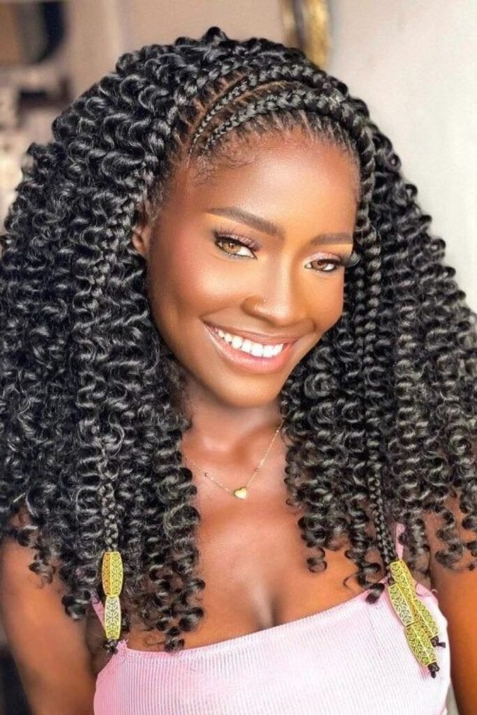 18. Feed-In Braid Headband with Curly Crochet and Gold Beads