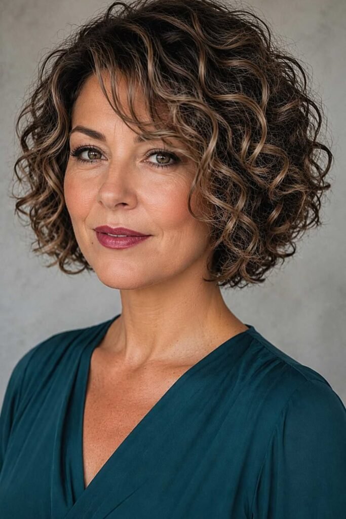 2. (Brunette Caramel Curly Bob with Side Bangs)