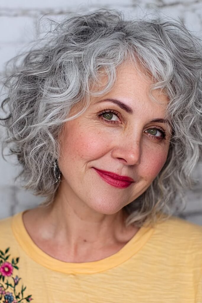 4. (Tousled Shaggy Silver Curly Bob)