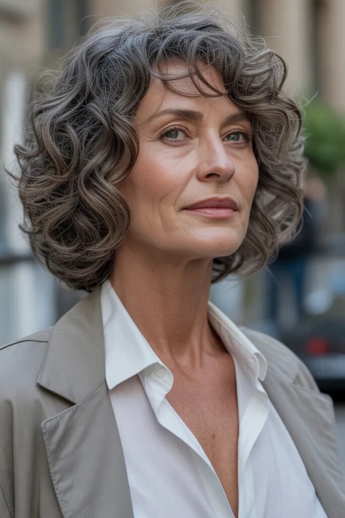 11. (Charcoal Wavy Curly Bob with Side Bangs)