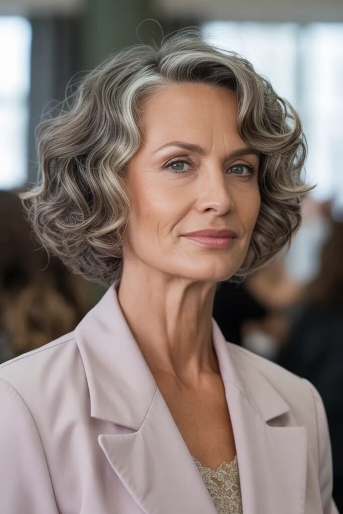 15. (Salt-and-Pepper Polished Curl Bob)