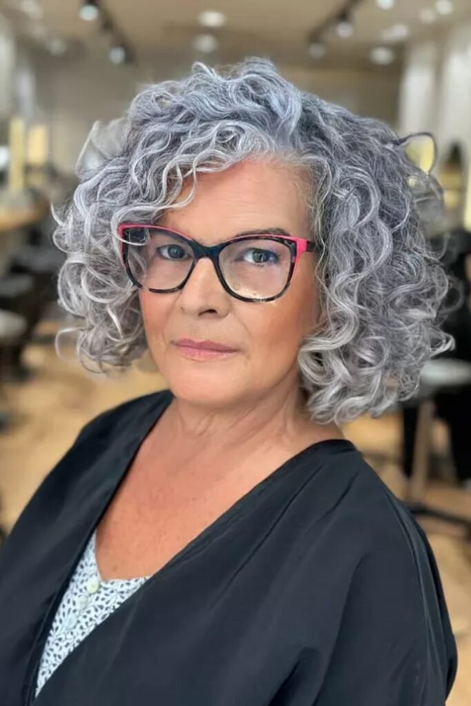 20. (Silver Spiral Curl Bob with Bold Glasses)