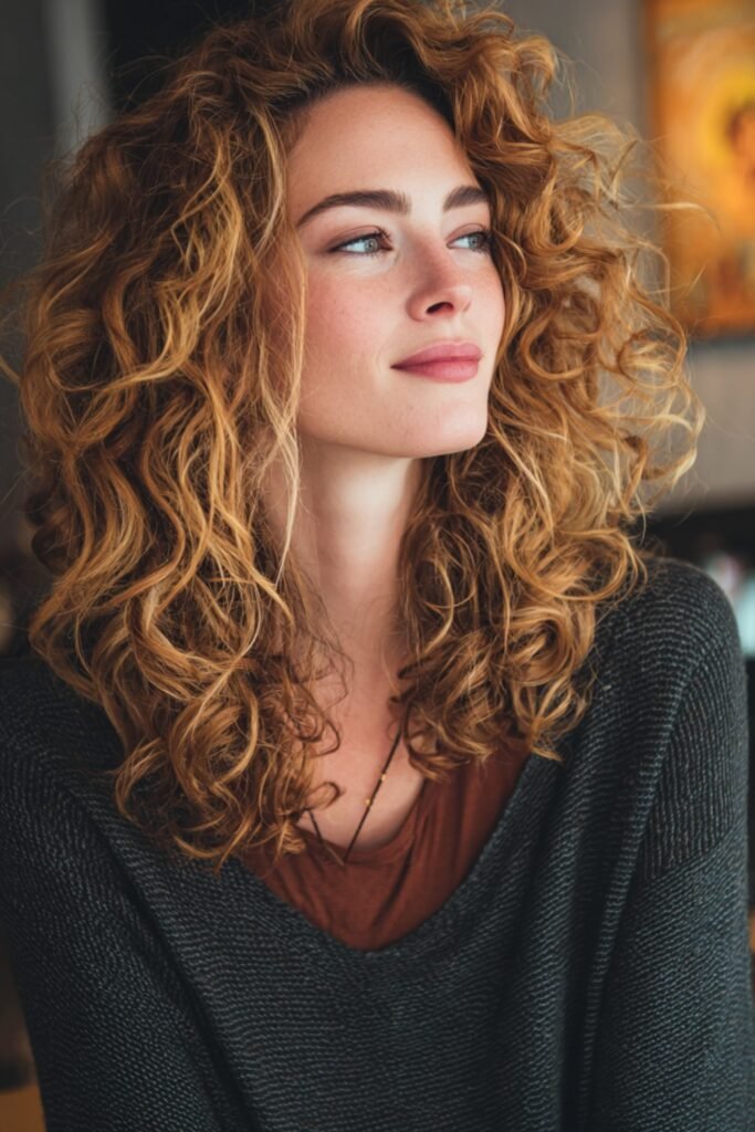 3. Golden Copper Curly Shag with Face-Framing Layers