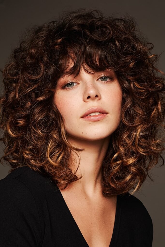 5. Chocolate Curly Shag with Copper Highlights and Bangs