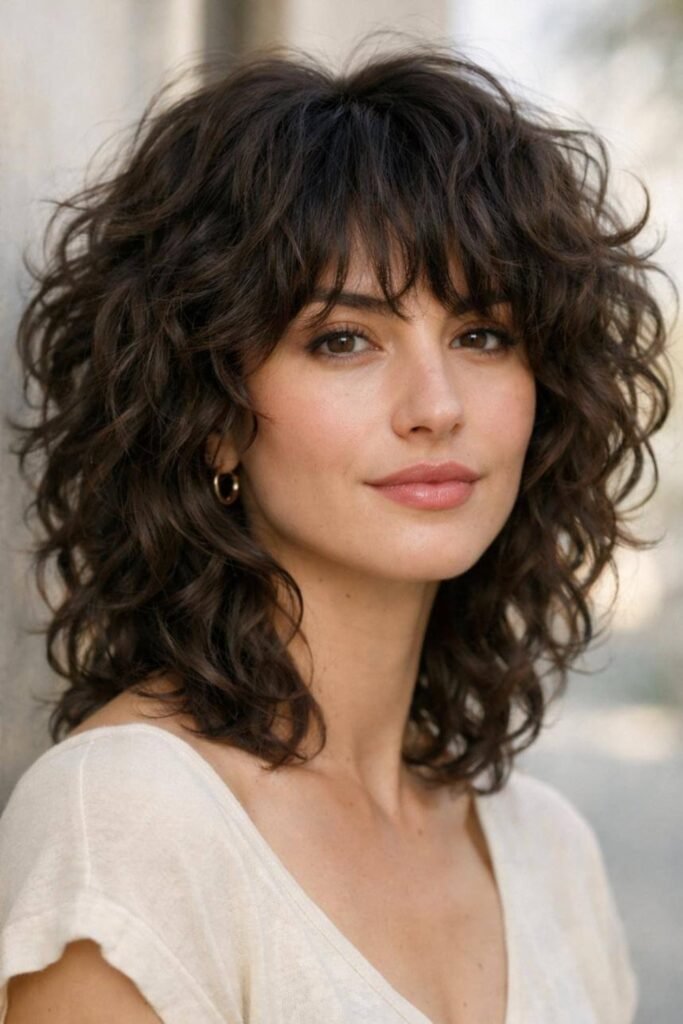 8. Tousled Dark Brunette Shag with Wispy Bangs